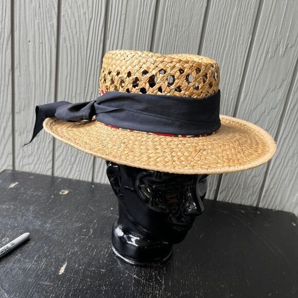 Vintage Woven Straw Hat Small USA Made Red Band Western Boho Summer CHCO WPL - Picture 3 of 10
